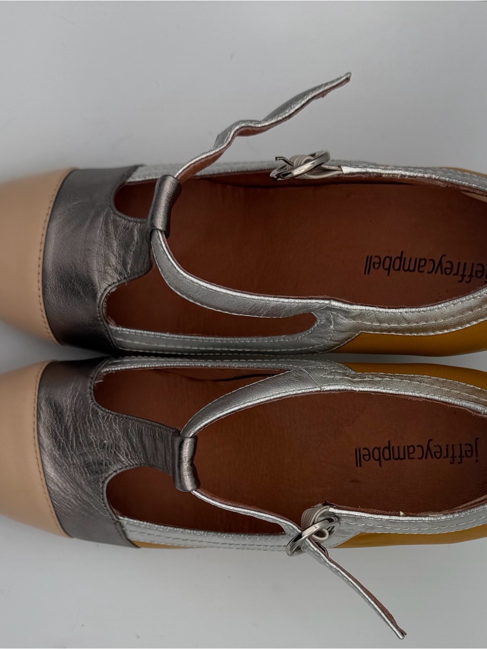 Jeffrey Campbell Metallic Silver and Nude T-Strap Flats